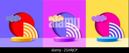 Set of 3D round frame on background. Abstract circle podium for product display or copy space. Collection of geometric background. Vector illustration. Stock Vector