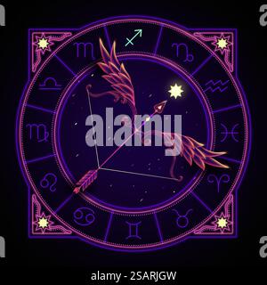 Sagittarius zodiac sign represented by a feather bow about to shoot an arrow. Neon horoscope symbol in circle with other astrology signs sets around.. Neon zodiac sign of Sagittarius Stock Vector