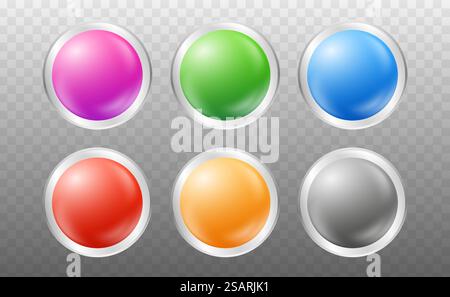 Realistic glass spheres set with silver frame. Colorful glossy 3d rounds buttons collection with glares and shadow. Can use for emblems, infographics, ui design. Vector EPS10 Stock Vector