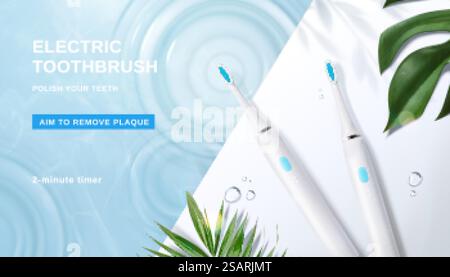 3d minimal electric toothbrush ad banner. Two toothbrushes on the edge of swimming pool, designed with water ripples and plant leaves.. Minimal electric toothbrush ad Stock Vector