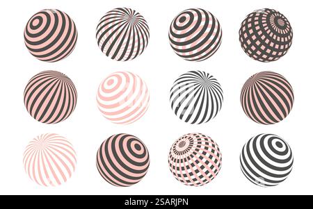 Vector abstract spheres silhouettes with dots and stripes for logo and web designs. Halftone black and beige balls with different texture isolated on white background Stock Vector