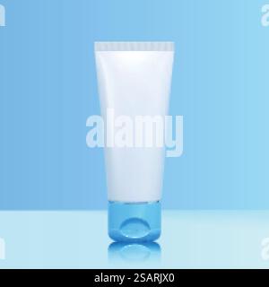 Front view of 3d blank plastic tube mock up for cosmetic product, isolated on blue background.. 3d cosmetic plastic tube mock up Stock Vector