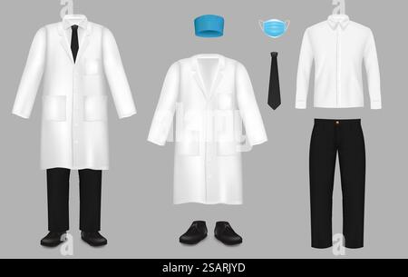 Doctor suit set, vector isolated illustration. Realistic white coat or lab coat, shirt, blue hat and mask, black pants, shoes and tie. Medical uniform for healthcare professionals.. Realistic doctor suit set, vector isolated illustration Stock Vector