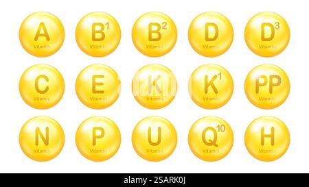 Vitamin pill vector icon set. 3D drop capsules. Vitamin complex design for beauty skin care. Medicine health symbols EPS10 Stock Vector