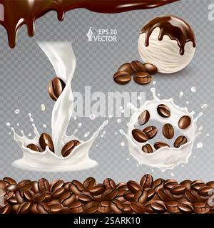 Vector set of natural coffee beans. Realistic splash of fresh milk or yogurt. Flavored ice cream with chocolate topping. Set of 3d illustrations of food. Vector set of natural coffee beans, arabica. Realistic splash of fresh milk or yogurt. Flavored ice cream with chocolate topping. Set of 3d illustrations of food. Coffee texture Stock Vector