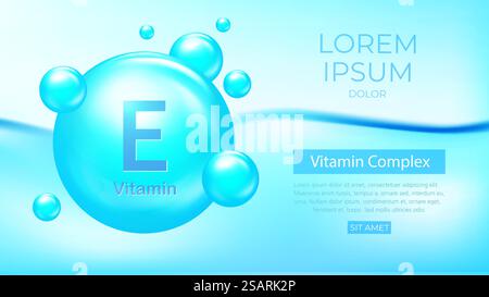 Vitamin E vector banner in 3d style. Blue pill capsule icon. Vitamin complex advertisement. Skincare and health concept EPS10 Stock Vector