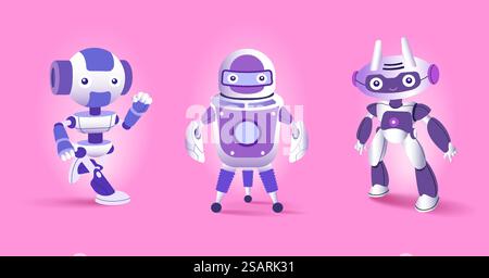 Hand drawn robot character with different poses collection, Cartoon robot icon set. Stock Vector
