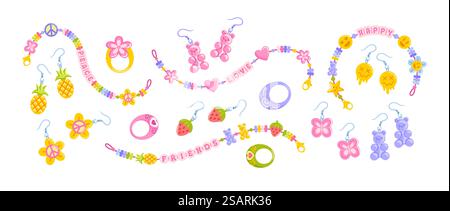 Colorful plastic beads for DIY projects, perfect for crafting trendy bracelets with letter charms. Embrace 90s-inspired jewelry designs and create fun Stock Vector
