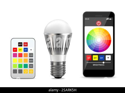 Light bulb controlled via smartphone, vector illustration isolated on white background. Realistic mobile phone and smart led lightbulb.. Smart light bulb, vector realistic isolated illustration Stock Vector
