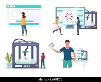 3d printer with characters composition set, vector illustration isolated on white background. Rapid prototyping 3d printing technology, additive manufacturing concept for web banner, website page etc.. 3D printing industry vector concept for web banner, website page Stock Vector