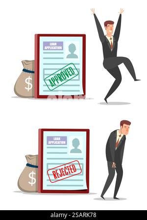 Loan agreements with approved and rejected stamps, happy and sad businessmen cartoon characters, money bags, vector flat style design illustration. Loan application, banking concept.. Approved and rejected loan application forms with characters, vector flat illustration Stock Vector