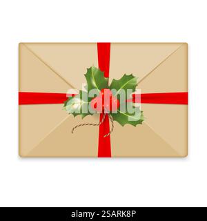 Christmas envelope for letter to Santa Claus. Closed brown envelope with holly berries, red bow and ribbon. Vector isolated illustration EPS10 Stock Vector