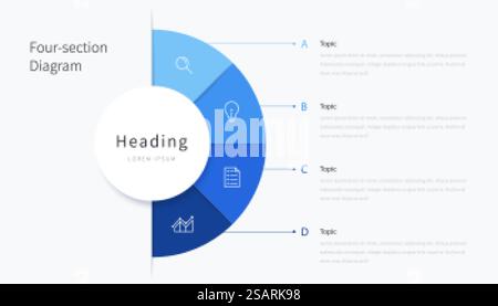 Four section diagram infographic elements, blue semicircle infographics design template with icons. Four section infographic diagram Stock Vector