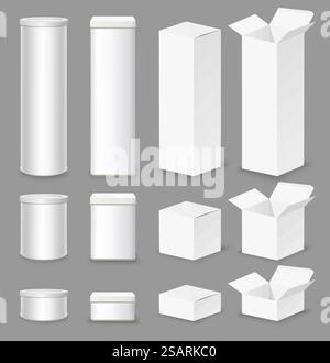 Realistic white cardboard box mockup set, vector isolated illustration. Open and closed round and rectangular containers in different sizes for food, medicine, cosmetic, other goods packaging.. Cardboard box mockup set, vector isolated illustration Stock Vector