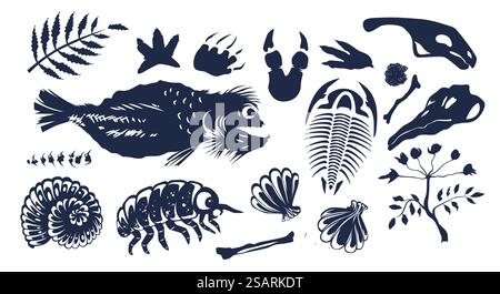 Prehistoric creature, bones, underwater animals, fish skeleton, shells, beetles, footprints and plants fossils silhouette vector illustration isolated on white background. Prehistoric creature, bones, underwater animals and plants fossils silhouette Stock Vector
