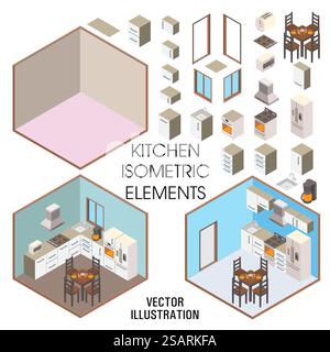 Kitchen interior constructor, vector flat isolated illustration. Isometric cutaway rooms empty and with furniture, window, door, home appliances. Kitchen creator.. Kitchen interior constructor, vector flat isometric illustration Stock Vector