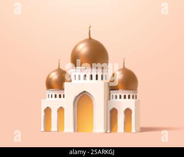 Mini mosque or palace in 3d toy cartoon design. Architecture element isolated on apricot pink background.. 3d mini mosque or palace Stock Vector