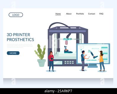 3d printer prosthetics vector website template, web page and landing page design for website and mobile site development. 3d printing medical technology, prototyping of leg prostheses concept.. 3d printer prosthetics vector website landing page design template Stock Vector