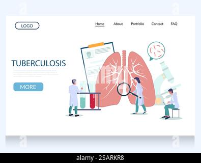 Tuberculosis vector website template, web page and landing page design for website and mobile site development. Micro doctor inspecting human lung with magnifier. Pulmonology, respiratory medicine.. Tuberculosis vector website landing page design template Stock Vector