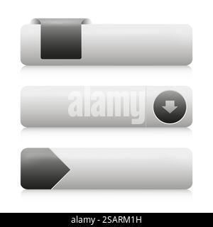 Empty white vector buttons with black design elements for website, mobile menu, navigation and apps. Simple isolated UI components Stock Vector