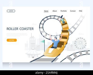 Roller coaster vector website template, web page and landing page design for website and mobile site development. Rollercoaster ride, amusement park attractions.. Roller coaster vector website landing page design template Stock Vector