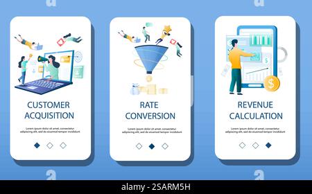 Customer acquisition, Rate conversion, Revenue calculation mobile app onboarding screens. Menu banner vector template for website and application development.. Finance management mobile app onboarding screens vector template Stock Vector