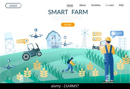 Smart farm vector website template, web page and landing page design for website and mobile site development. Unmanned aerial vehicles drones, iot smart farming technology in agriculture.. Smart farm vector website landing page design template Stock Vector