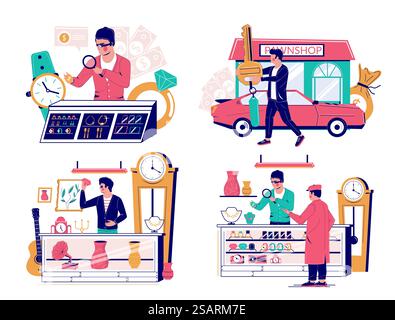 Pawnshop set, vector flat isolated illustration. Pawnbrokers offering loans in exchange for valuable personal things such gold, diamonds, antiques, mobile phones, cars as collateral. Pawnshop services. Pawn shop set, vector flat isolated illustration Stock Vector