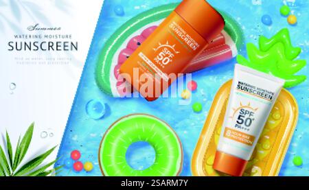 3d sunscreen ad template in sunbathing theme. Top view of plastic mock-ups lying on fruit shaped lilos and floating on swimming pool water. Concept of summer day skincare.. 3d creative sunbathing sunscreen ad Stock Vector