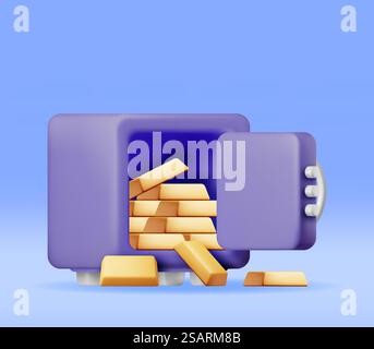3d Safe Box Full of Golden Bars Isolated. Render Plastic Style Safebox Gold Ingot Icon. Bank Vault Security, Deposit Storage, Cash Safety Safebox. Saving, Stored Money. Vector Illustration. 3d Safe Box Full of Golden Bars Stock Vector