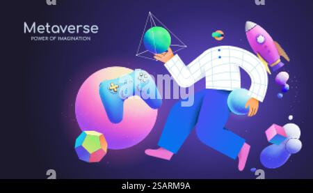 A young man with goggle floating among 3d neon gradient objects, including game controller and space rocket. Concept of surrealism, immersive experience, metaverse or virtual reality.. 3d space concept metaverse banner Stock Vector