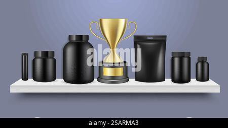 Black sport nutrition packaging container mockup set, vector illustration. Realistic blank plastic jar, doypack foil bag for whey protein, sport food supplements and vitamins.. Black sport nutrition packaging container mockup set, vector illustration. Sport food supplements and vitamins. Stock Vector
