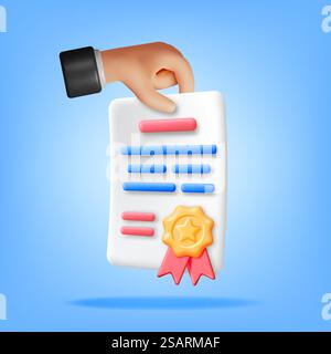 3D Certificate Icon with Stamp and Ribbon in Hand Isolated. Render White Diploma with Badge. Diploma or Accreditation. Voucher or Invitation. Business Graduation Concept. Vector Illustration. 3D Certificate Icon with Stamp and Ribbon in Hand Stock Vector