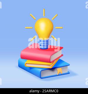 3D Stack of Closed Books with Light Bulb. Render Pile of Books and Idea Bulb. Set of Educational or Business Literature. Reading Education, Literature, Encyclopedia, Textbook. Vector Illustration. 3D Stack of Closed Books with Light Bulb Stock Vector