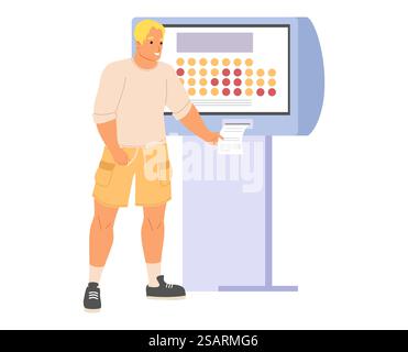 Man using self-service cinema kiosk to buy tickets vector illustration isolated on white background. Man using self-service cinema kiosk to buy tickets Stock Vector