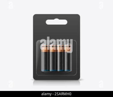 3d AA or AAA battery package mock up. Batteries in transparent blister pack with blank space. Package element isolated on white background.. 3d battery blister pack mock up Stock Vector