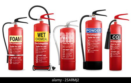 Realistic red fire extinguisher with nozzle set, vector illustration isolated on white background. Portable fire extinguishing equipment.. Realistic fire extinguisher set, vector isolated illustration Stock Vector