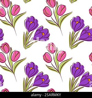 Seamless floral pattern with flat pink tulip and purple crocus with green leaves. Perfect for textile, wallpaper, background, stationery and spring Stock Vector