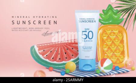 Creative sunscreen ad in beach picnic theme. 3d illustration of plastic tube set on mat with fruit shaped lilos and beach balls. Concept of summer day skincare for swimmers.. 3d beach picnic theme sunscreen ad Stock Vector