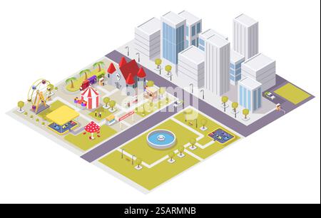 Vector flat isometric city with amusement attractions and public park areas. Carousel medieval castle ferris wheel circus tent shooting range bumper cars train ride, cotton candy and hot dog carts.. Vector flat isometric city with amusement park attractions Stock Vector
