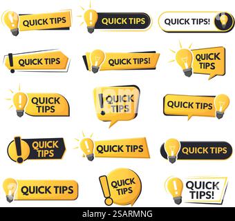 Quick tips helpful emblems, problem solution or advice speech bubbles. Tricks and helpful suggestions abstract vector symbols set. Quick tips trick logos. Light bulb, exclamation mark reminder. Quick tips helpful emblems, problem solution or advice speech bubbles. Tricks and helpful suggestions abstract vector symbols set. Quick tips trick logos Stock Vector