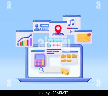 3D Laptop Application Windows Interface Isolated. Render Computer Software User Interface. UI Search, Music, Browser, Financial Calculator, File Manager Mail Notification Windows. Vector Illustration. 3D Laptop Application Windows Interface Stock Vector