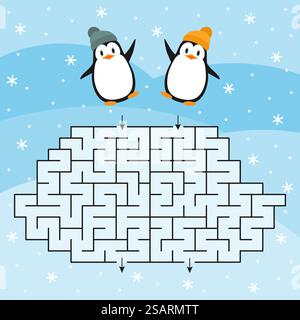 Two cheerful penguins are standing closely next to each other in a maze Stock Vector