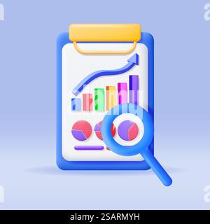 3D Pie Diagram in Clipboard with Magnifying Glass. Render Stock Pie Shows Growth or Success. Financial Data Analysis, Business Research, Financial Market Trade. Money and Banking. Vector Illustration. 3D Pie Diagram in Clipboard with Magnifying Glass Stock Vector