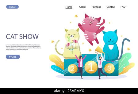 Cat show vector website template, web page and landing page design for website and mobile site development. Cats standing on winner pedestal and happy owners with trophy cup. Cat breeds exhibition.. Cat show vector website landing page design template Stock Vector