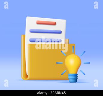 3D Business Folder full of Papers and Idea Bulb Isolated. Render Yellow Folder for Correspondence, File for Paper Documents. Open Folder Icon, Manila Archive Case or Ring Binder. Vector Illustration. 3D Business Folder full of Papers and Idea Bulb Stock Vector