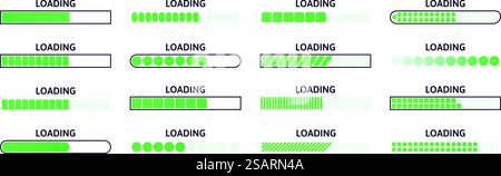 Loading bar. Download progress status, web page loading scale and upload waiting time indicator. Line buffer bars vector set. Software updating and upgrading concept. Connecting green elements. Loading bar. Download progress status, web page loading scale and upload waiting time indicator. Line buffer bars vector set Stock Vector