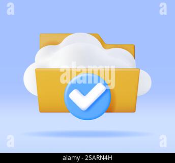3D Cloud in Folder with Checkmark Icon Isolated. Render Computer File Folder with Synchronization Cloud. Data Center, Cloud Storage Concept. Online Backup. Internet Archive. Vector Illustration. 3D Cloud in Folder with Checkmark Stock Vector