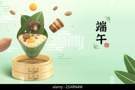 3d rice dumpling displaying on a bamboo steamer. Concept of traditional Duanwu cuisine and food ingredients. Translation: Dragon boat festival, the fifth of May.. Duanwu cuisine and food ingredients Stock Vector