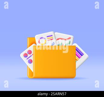 3D File Folder full of Paper Sheet with Pie Diagram. Render Stock Pie Growth or Success. Financial Item, Business Investment, Financial Market Trade and Reports. Money and Banking. Vector Illustration. 3D File Folder full of Sheet with Pie Diagram Stock Vector